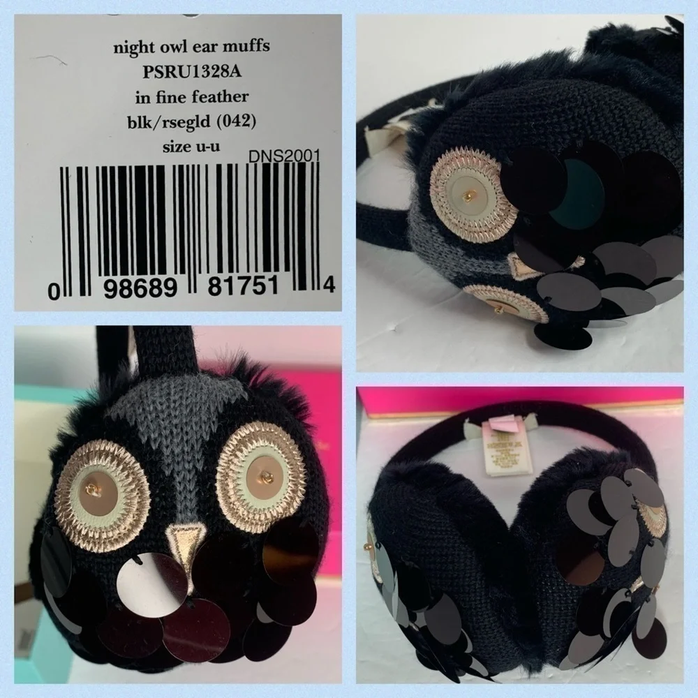 Kate Spade Owl Earmuffs in Box NWT Black Sequins